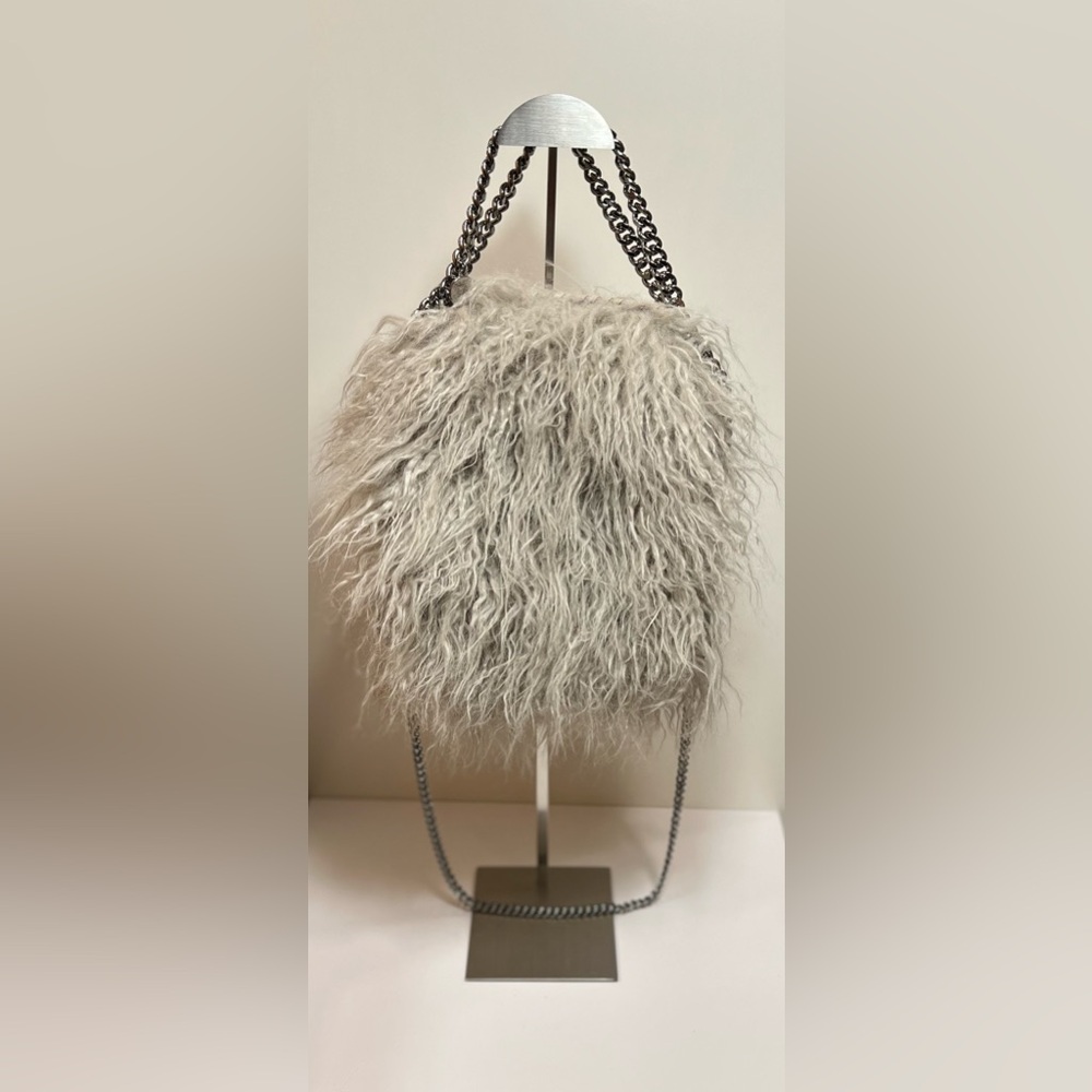 STELLA MCCARTNEY Falabella Grey Faux Fur Cross Body/Shoulder Bag Gunmetal Chain